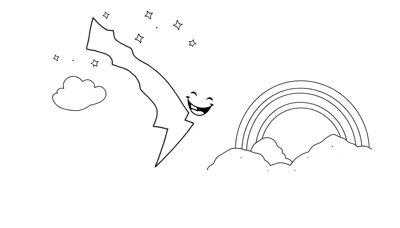Desenho para colorir de um raio com uma cara sorridente a cair do céu, com estrelas e uma nuvem. Um arco-íris sai de nuvens à direita.