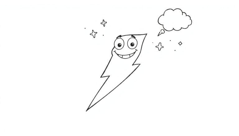 Página para colorir de um raio com um rosto sorridente, nuvem de pensamento e estrelas.