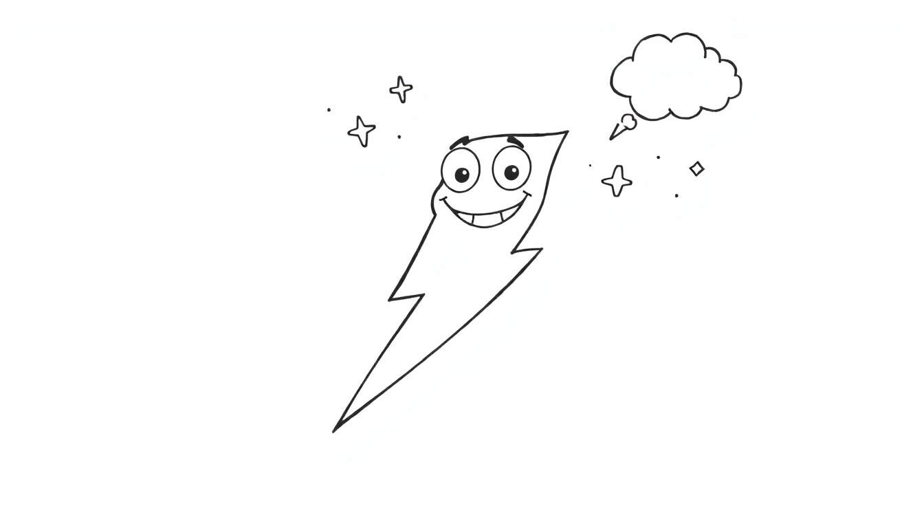 Página para colorir de um raio com um rosto sorridente, nuvem de pensamento e estrelas.