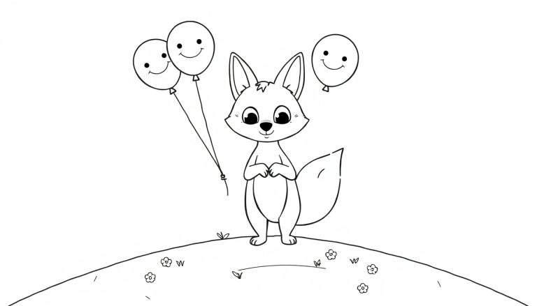 Página para colorir em preto e branco de uma raposa fofa com um sorriso, em pé numa colina gramada com flores, segurando três balões com rostos sorridentes.
