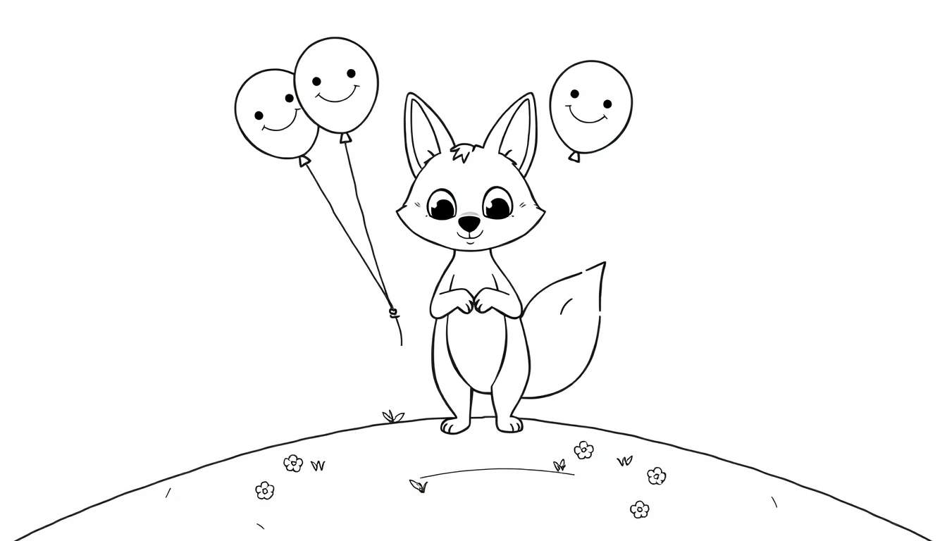 Página para colorir em preto e branco de uma raposa fofa com um sorriso, em pé numa colina gramada com flores, segurando três balões com rostos sorridentes.