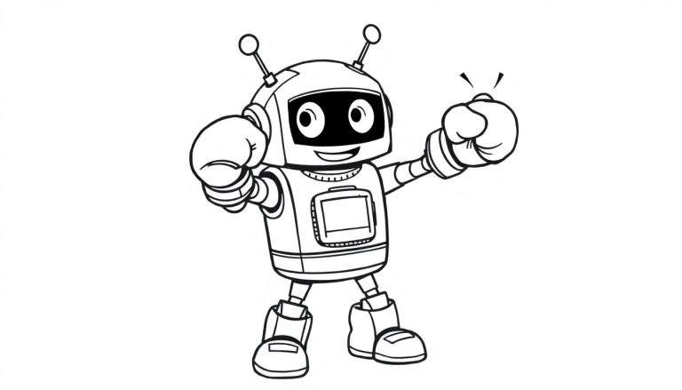 Desenho para colorir de um robô sorridente em estilo cartunesco, com luvas de boxe e antenas.