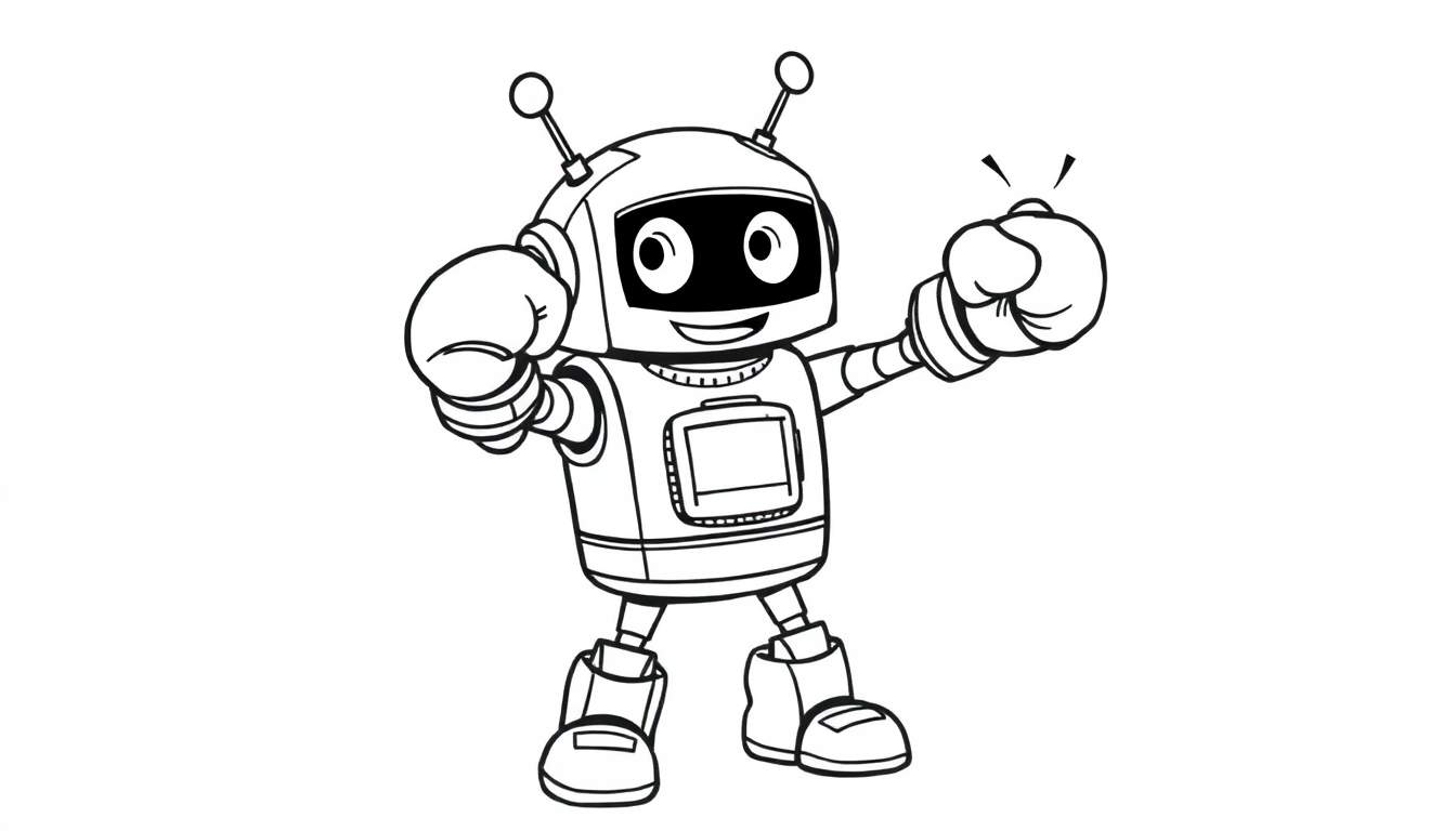 Desenho para colorir de um robô sorridente em estilo cartunesco, com luvas de boxe e antenas.