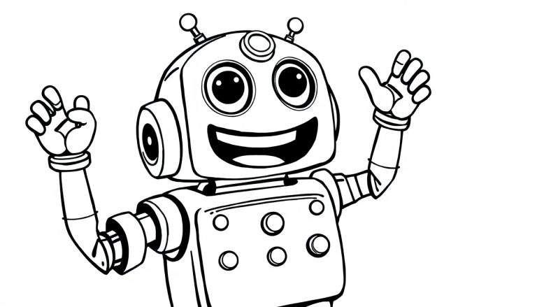 Desenho em preto e branco de um robô amigável com braços levantados, pronto para ser colorido.