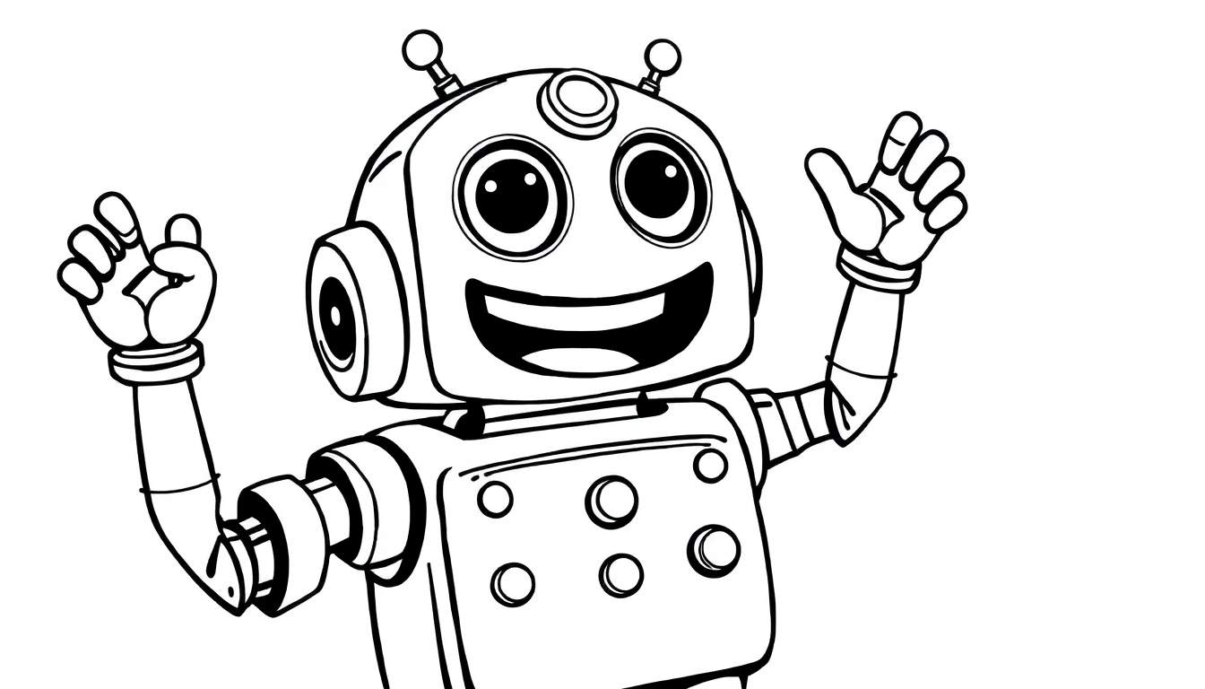 Desenho em preto e branco de um robô amigável com braços levantados, pronto para ser colorido.