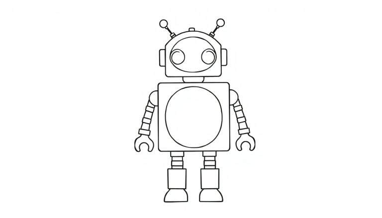 Desenho a traço de um robô simples com cabeça retangular, corpo quadrado com círculo, braços articulados e pernas segmentadas, pronto para ser colorido.