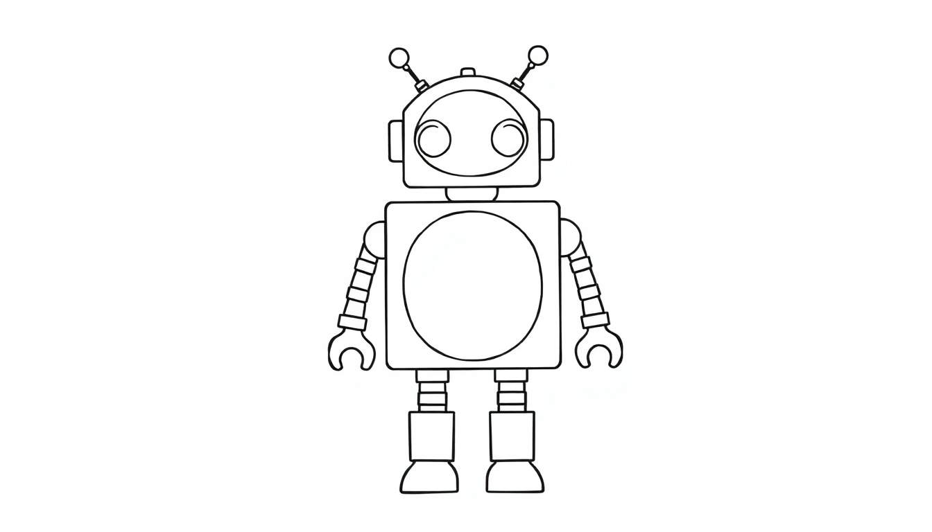 Desenho a traço de um robô simples com cabeça retangular, corpo quadrado com círculo, braços articulados e pernas segmentadas, pronto para ser colorido.