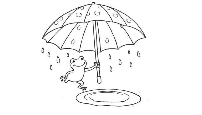 Desenho em preto e branco de um sapo feliz pulando sob um guarda-chuva em um dia chuvoso, com gotas de chuva caindo e uma poça d'água no chão.