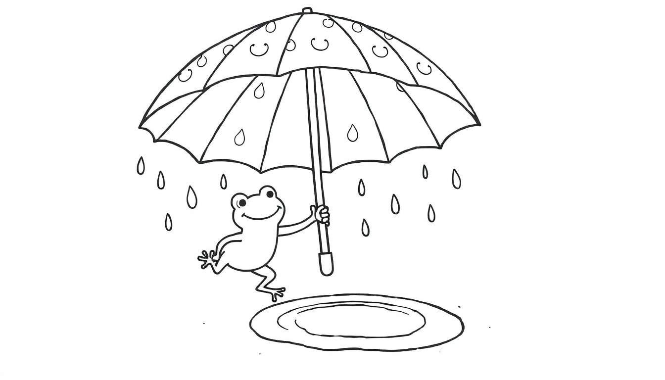 Desenho em preto e branco de um sapo feliz pulando sob um guarda-chuva em um dia chuvoso, com gotas de chuva caindo e uma poça d'água no chão.
