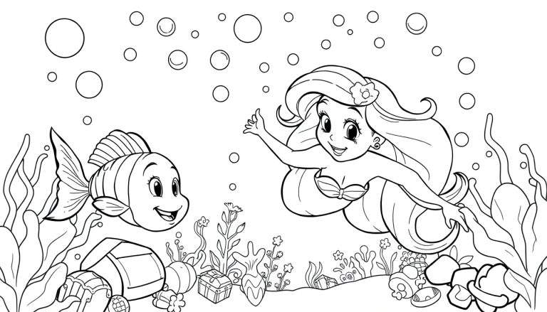 Desenho para colorir de uma sereia e um peixe feliz nadando juntos debaixo d'água, rodeados por bolhas, plantas e tesouros.