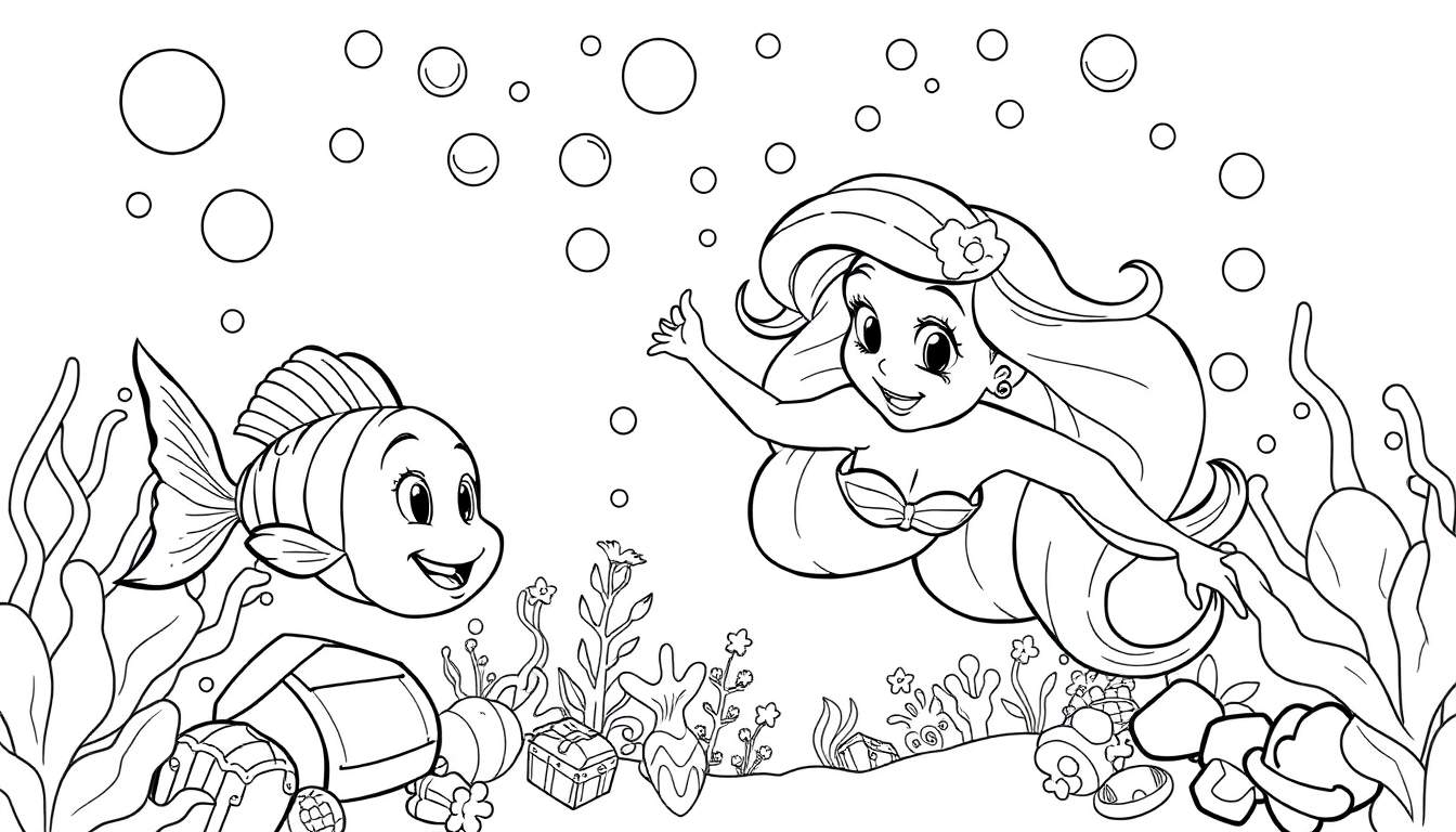 Desenho para colorir de uma sereia e um peixe feliz nadando juntos debaixo d'água, rodeados por bolhas, plantas e tesouros.