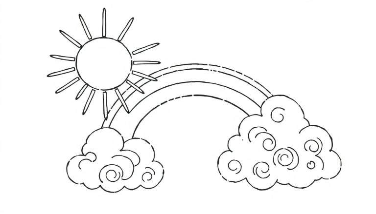 Ilustração para colorir de um sol sorridente com raios finos, um arco-íris com três faixas coloridas e duas nuvens fofas com desenhos em espiral.