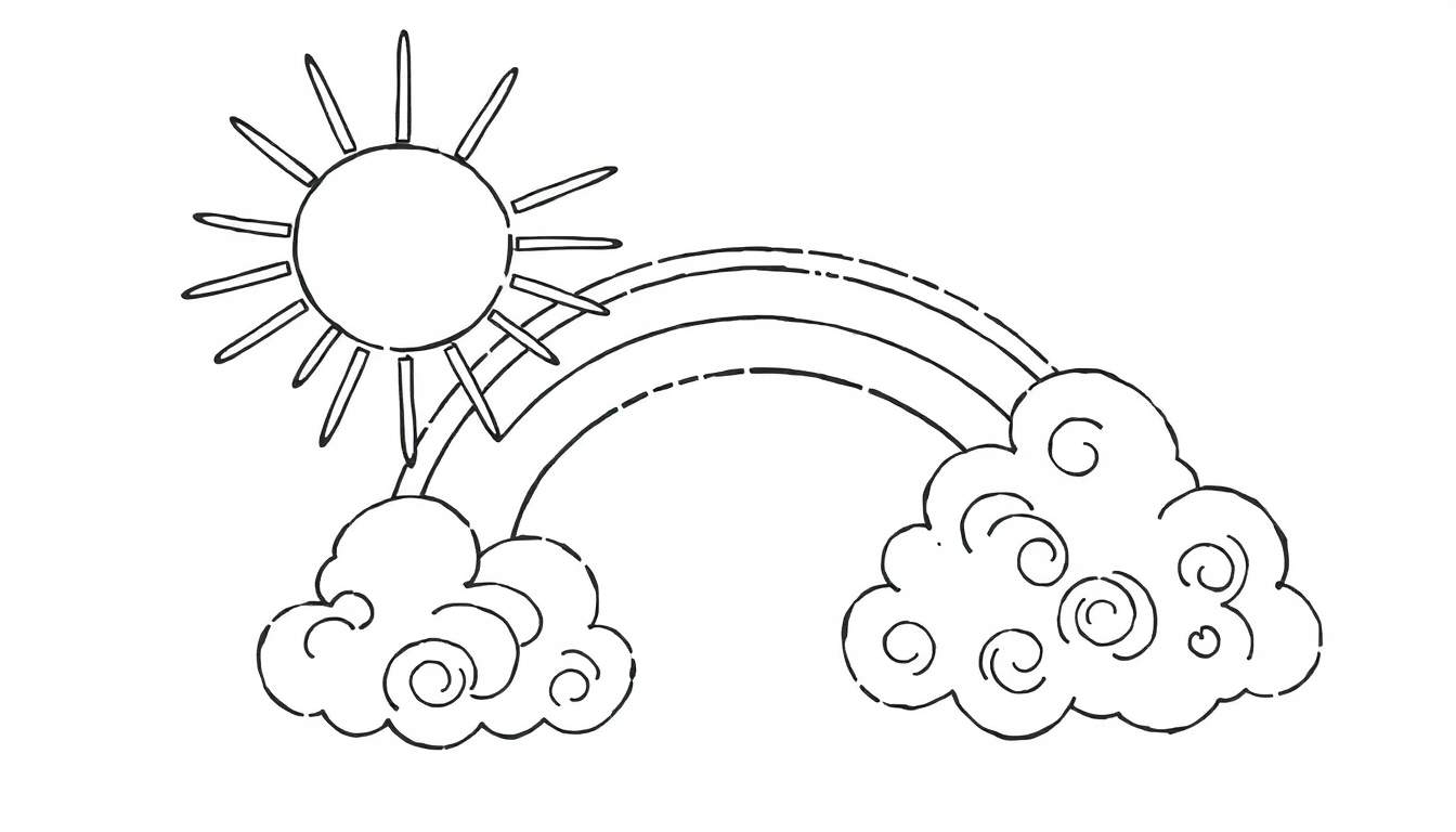 Ilustração para colorir de um sol sorridente com raios finos, um arco-íris com três faixas coloridas e duas nuvens fofas com desenhos em espiral.