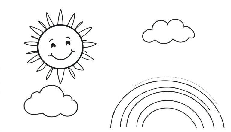 Página para colorir com um sol sorridente, duas nuvens e um arco-íris, tudo em preto e branco.