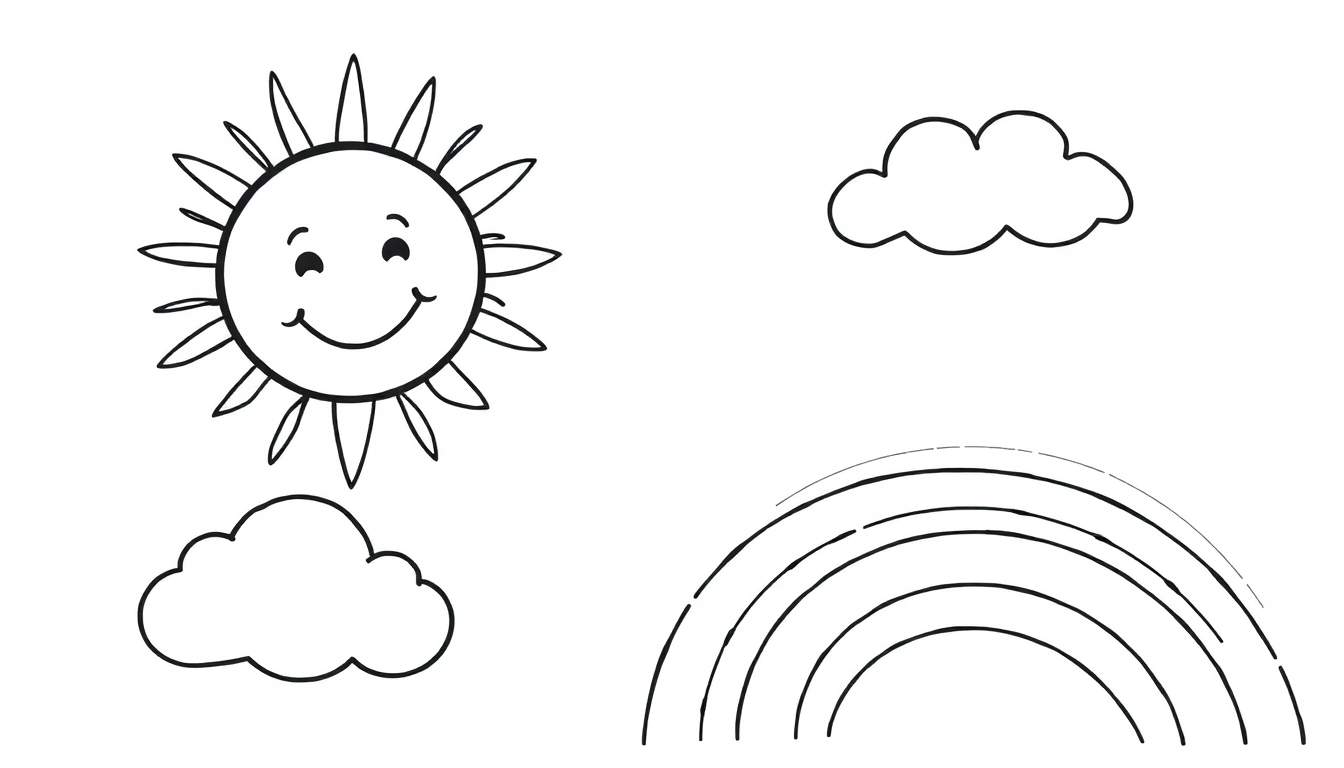 Página para colorir com um sol sorridente, duas nuvens e um arco-íris, tudo em preto e branco.
