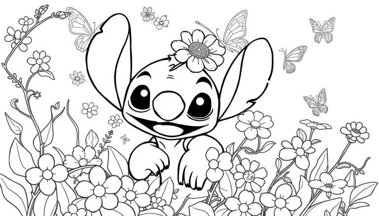 Desenho em preto e branco de um personagem parecido com Stitch, sorrindo com uma flor na cabeça, rodeado por flores, folhagens e borboletas, para colorir.