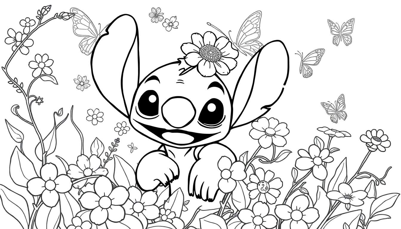 Desenho em preto e branco de um personagem parecido com Stitch, sorrindo com uma flor na cabeça, rodeado por flores, folhagens e borboletas, para colorir.