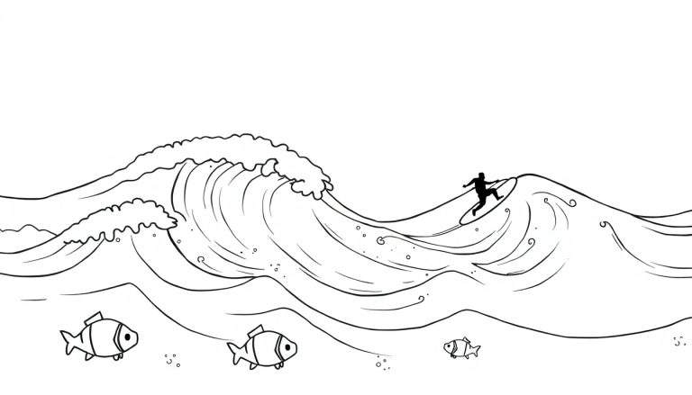 Página para colorir de uma cena de surf com um surfista numa onda grande e três peixes na água, com fundo branco.