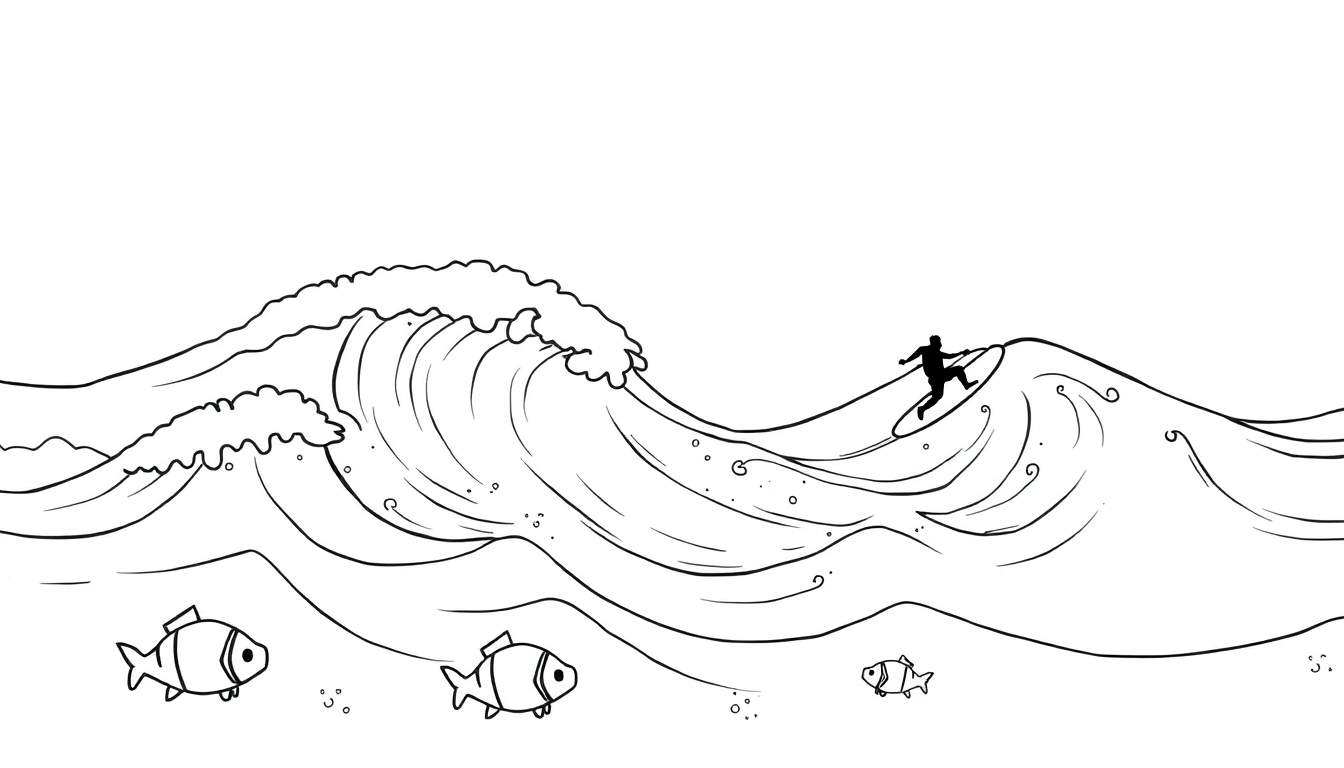 Página para colorir de uma cena de surf com um surfista numa onda grande e três peixes na água, com fundo branco.