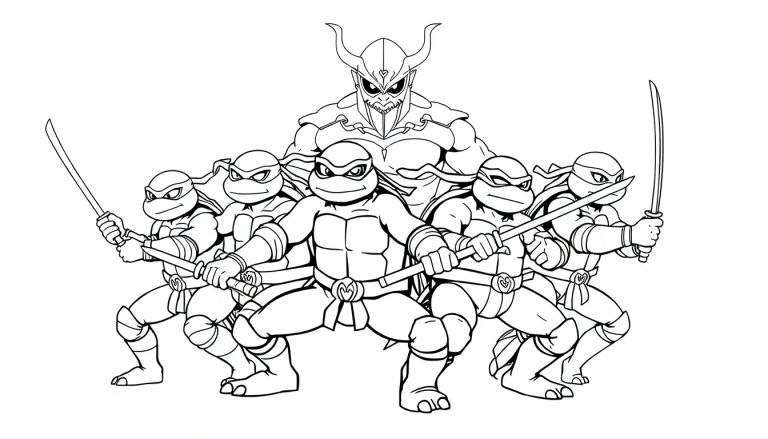 Desenho em preto e branco para colorir mostrando cinco tartarugas ninja em poses de luta contra um vilão blindado e com capacete de chifres.