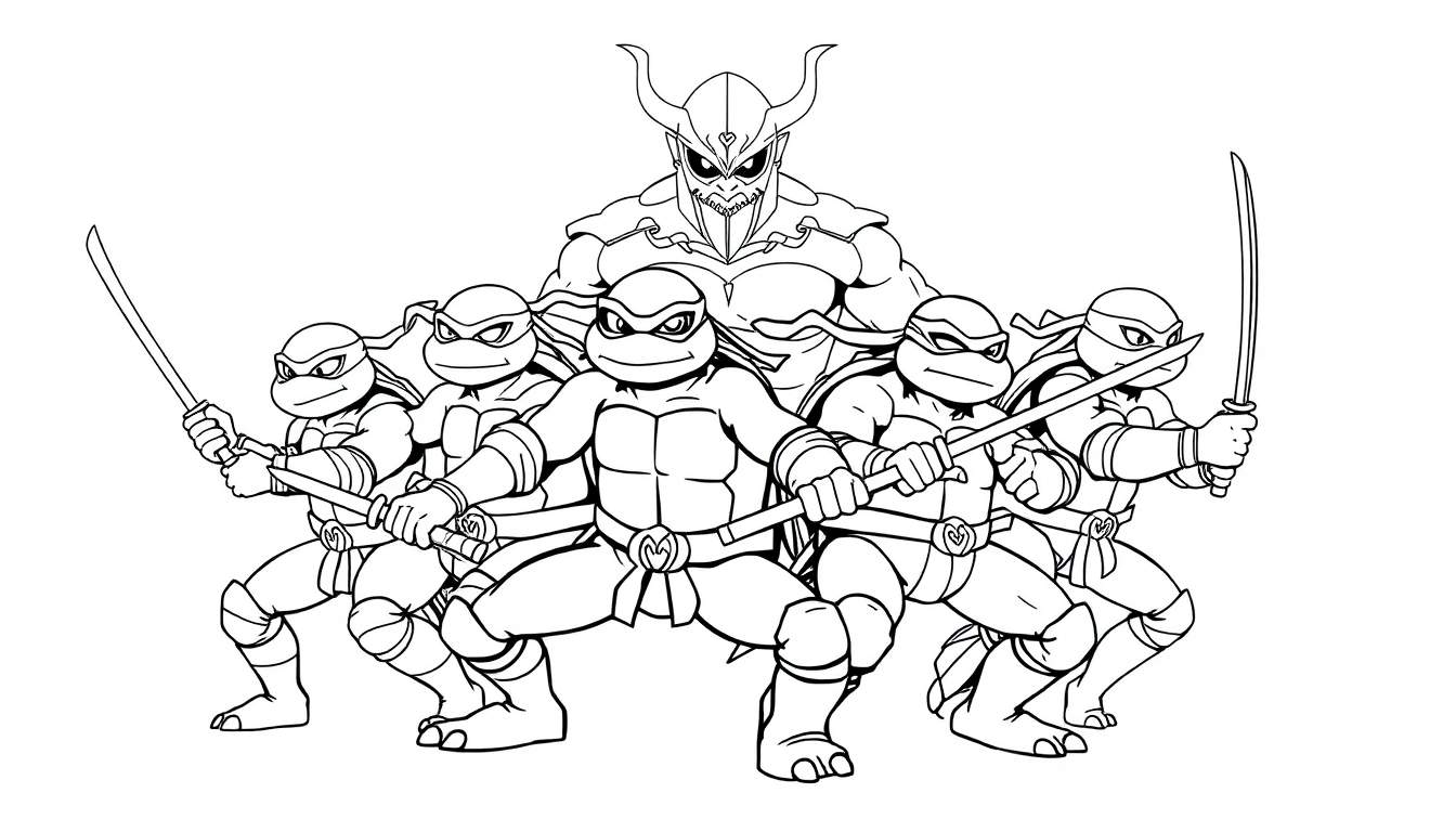 Desenho em preto e branco para colorir mostrando cinco tartarugas ninja em poses de luta contra um vilão blindado e com capacete de chifres.