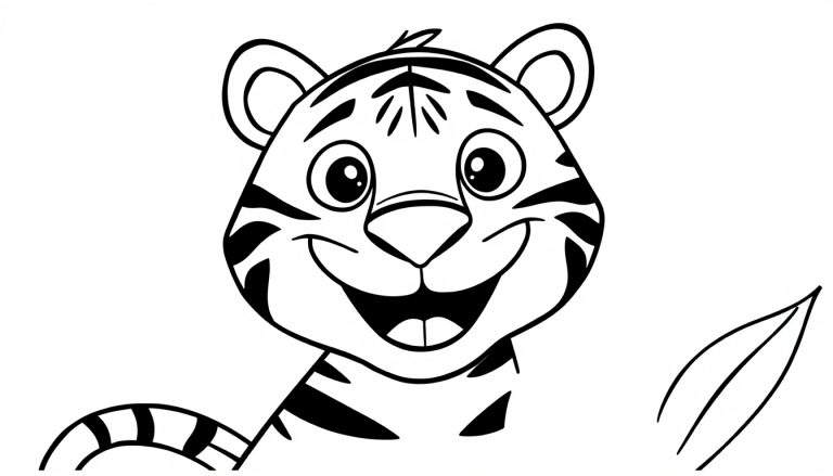 Página para colorir de um tigre cartoon sorridente com olhos grandes e riscas, ao lado de uma folha.