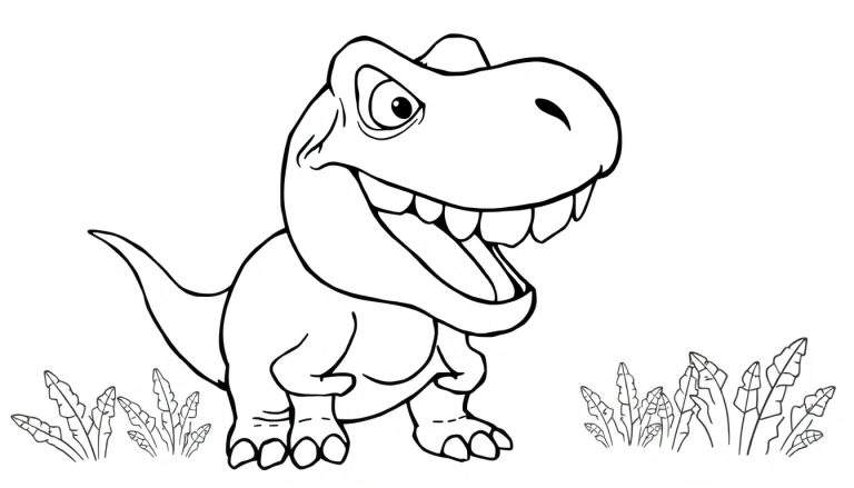 Desenho de um dinossauro Tiranossauro Rex sorridente, pronto para ser colorido.