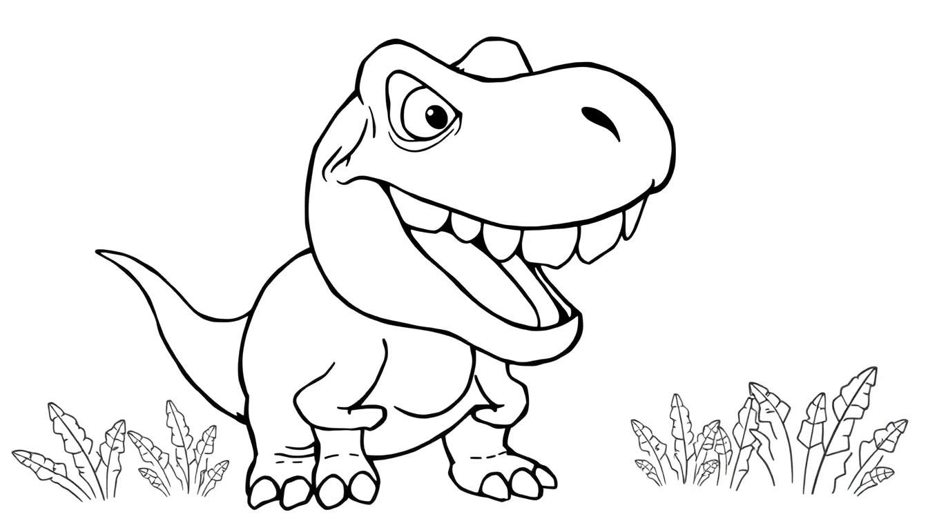 Desenho de um dinossauro Tiranossauro Rex sorridente, pronto para ser colorido.