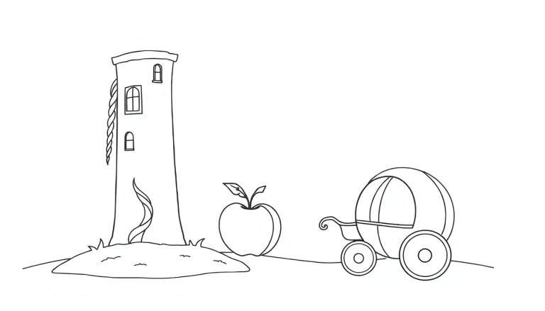 Desenho a preto e branco para colorir de uma torre alta com corda, uma maçã e uma carruagem.