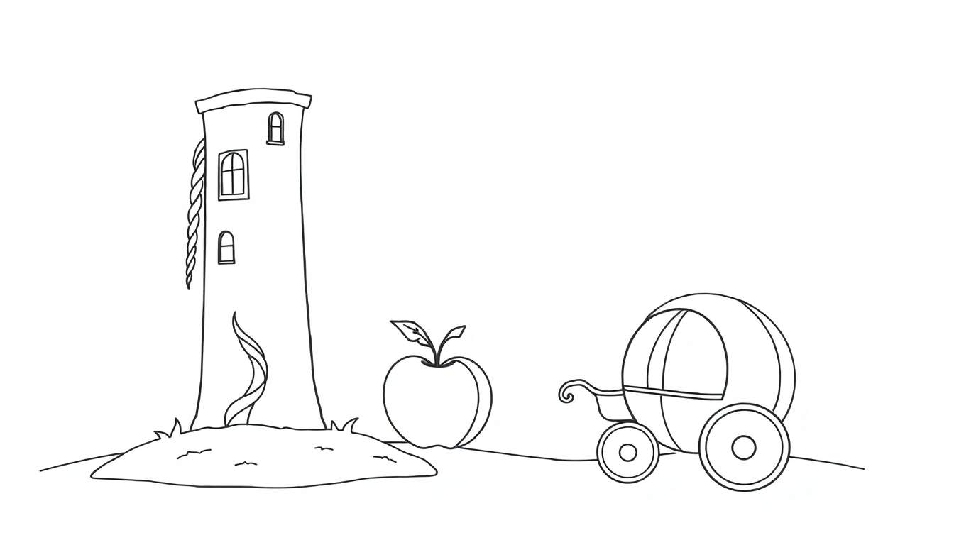 Desenho a preto e branco para colorir de uma torre alta com corda, uma maçã e uma carruagem.