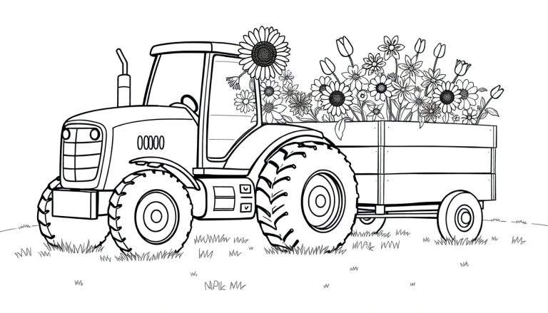 Desenho a preto e branco de um trator com um reboque cheio de flores, pronto para ser colorido.