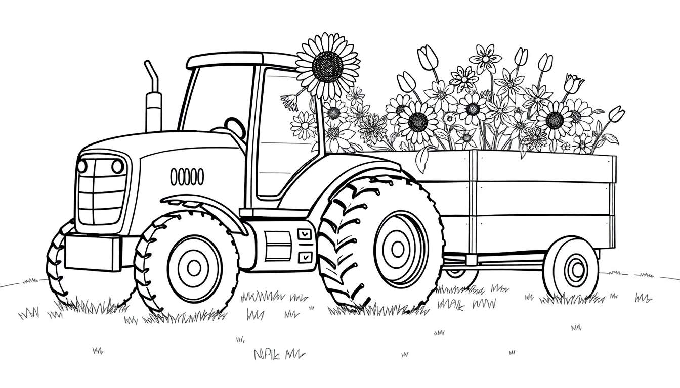 Desenho a preto e branco de um trator com um reboque cheio de flores, pronto para ser colorido.