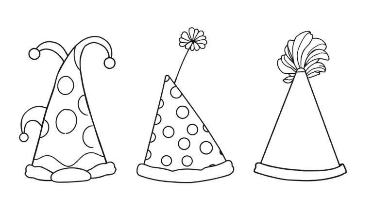 Desenho a preto e branco de três chapéus de festa para colorir: um com pompons, um com flor e um com plumas.