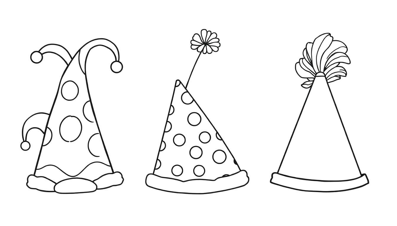 Desenho a preto e branco de três chapéus de festa para colorir: um com pompons, um com flor e um com plumas.