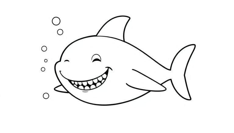 Página para colorir de um tubarão de desenho animado feliz com bolhas a sair da boca