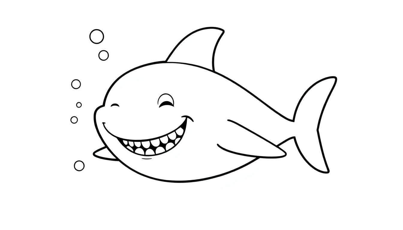 Página para colorir de um tubarão de desenho animado feliz com bolhas a sair da boca
