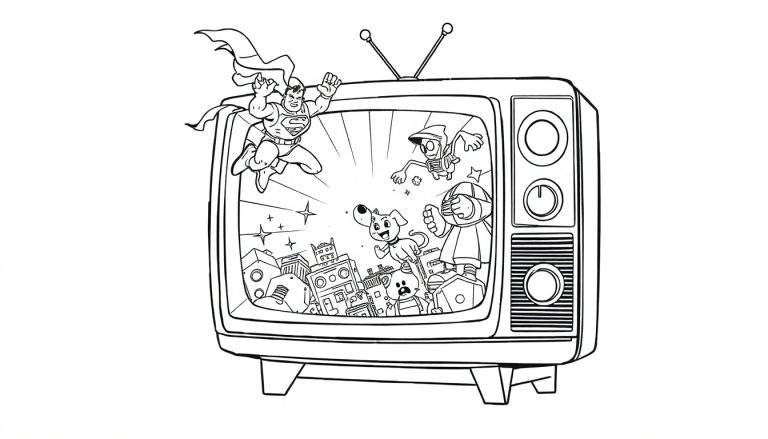 Desenho a preto e branco de um velho aparelho de TV com uma cena de desenho animado na tela, incluindo um super-herói, uma cidade, um cão, um urso, um robô e elementos de ação.