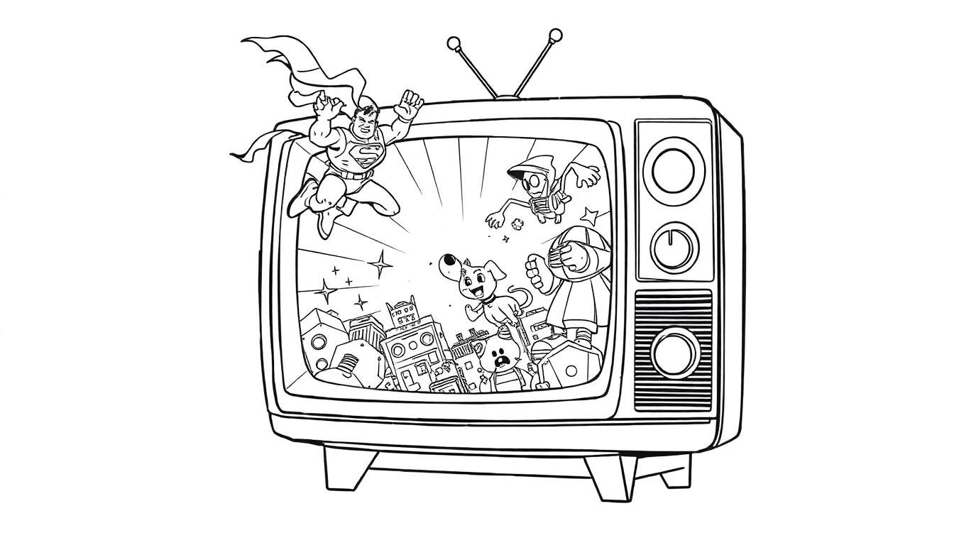 Desenho a preto e branco de um velho aparelho de TV com uma cena de desenho animado na tela, incluindo um super-herói, uma cidade, um cão, um urso, um robô e elementos de ação.