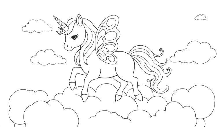 Página para colorir de um unicórnio branco com asas de borboleta a galopar sobre nuvens fofas.