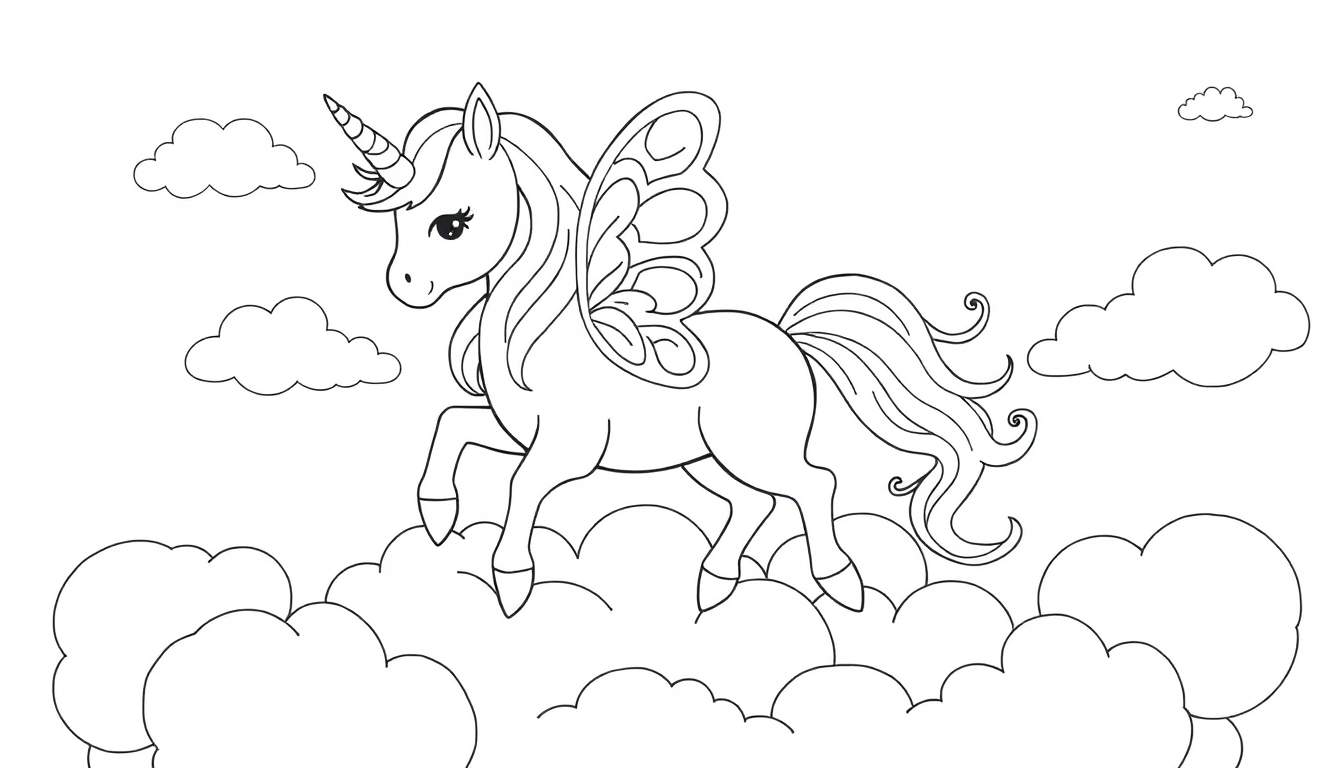 Página para colorir de um unicórnio branco com asas de borboleta a galopar sobre nuvens fofas.