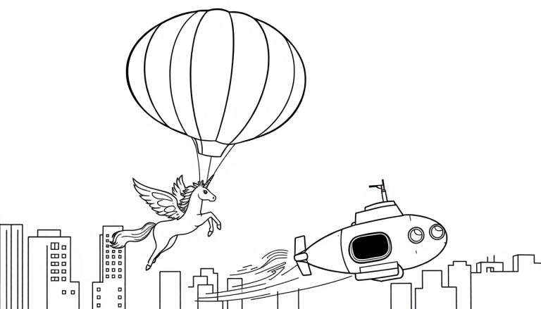 Desenho para colorir de um unicórnio alado num balão de ar quente, com um submarino voador e uma cidade abaixo.