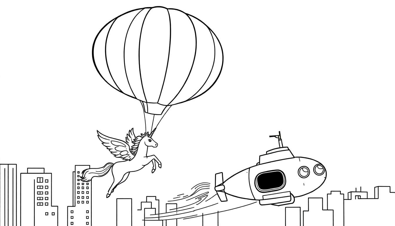 Desenho para colorir de um unicórnio alado num balão de ar quente, com um submarino voador e uma cidade abaixo.