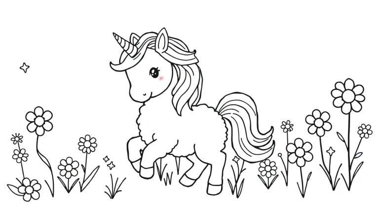 Página para colorir de um unicórnio de desenho animado a correr num campo cheio de flores e estrelas, com crina ondulada e chifre na testa.