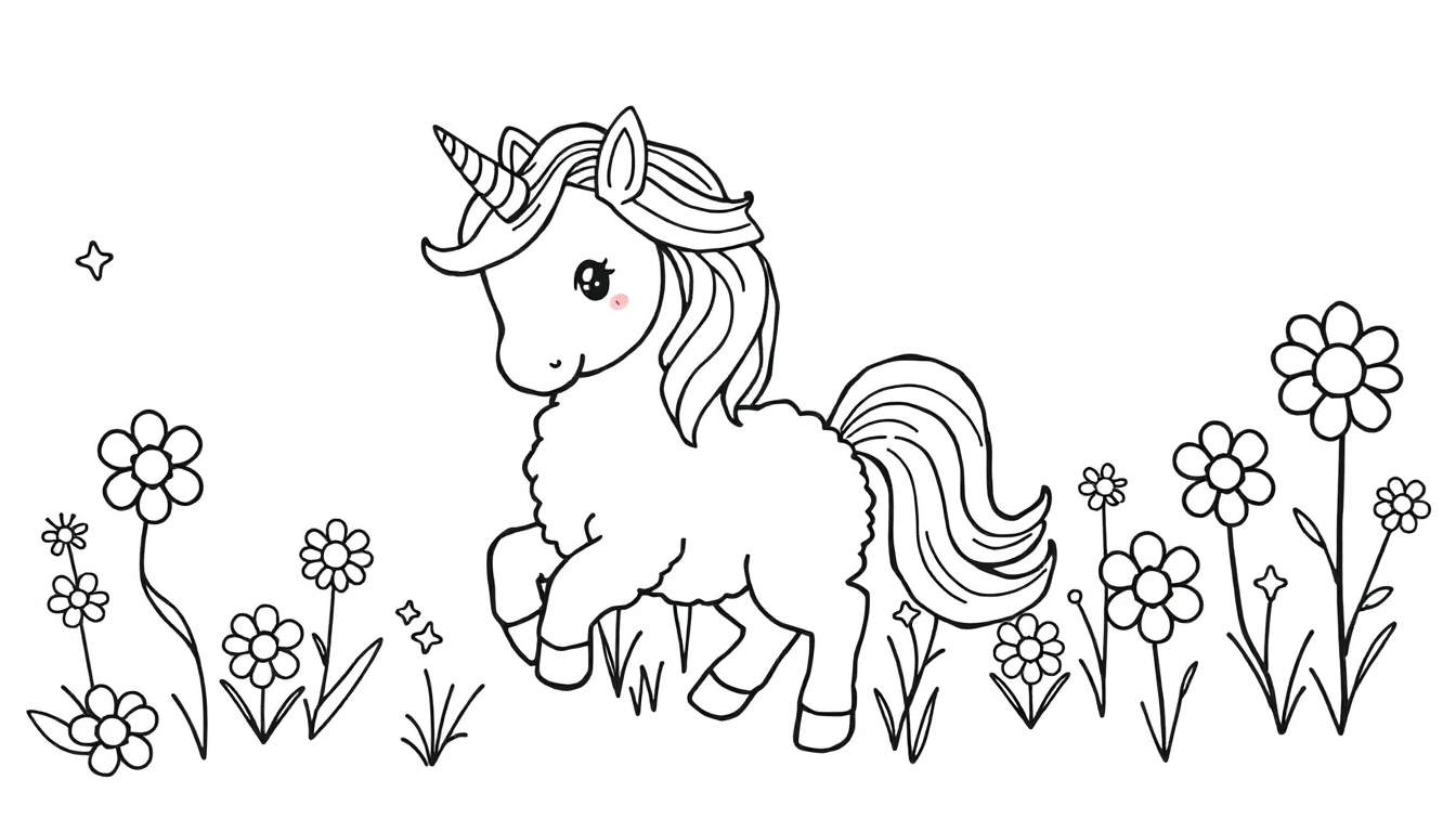 Página para colorir de um unicórnio de desenho animado a correr num campo cheio de flores e estrelas, com crina ondulada e chifre na testa.