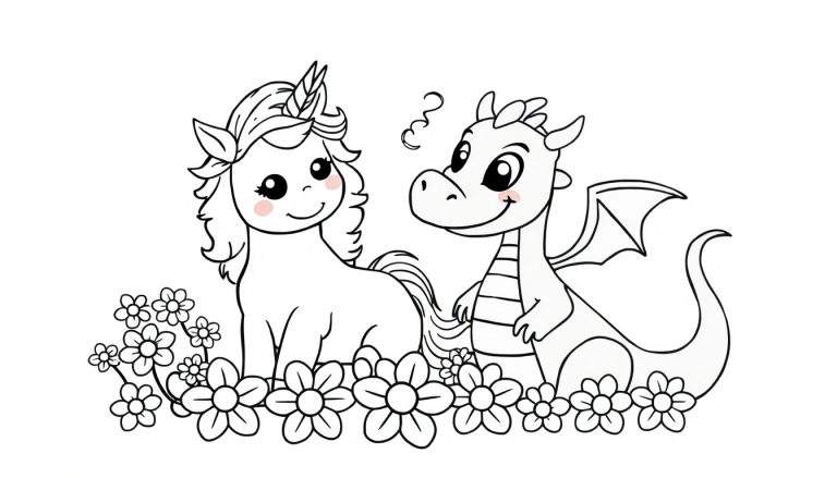 Desenho de linha para colorir de um unicórnio fofo com uma coroa e um dragão pequeno com asas e fumaça saindo da cabeça, sentados num campo de flores.