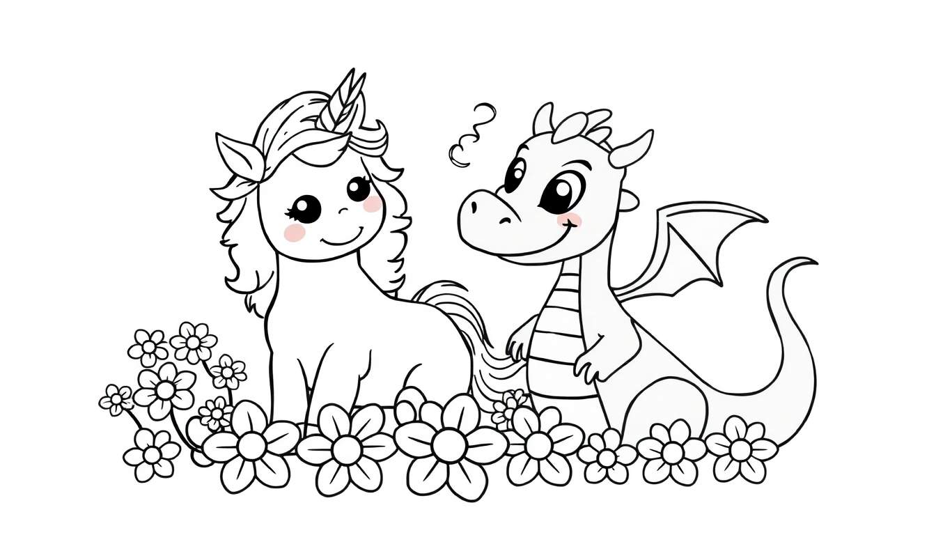 Desenho de linha para colorir de um unicórnio fofo com uma coroa e um dragão pequeno com asas e fumaça saindo da cabeça, sentados num campo de flores.