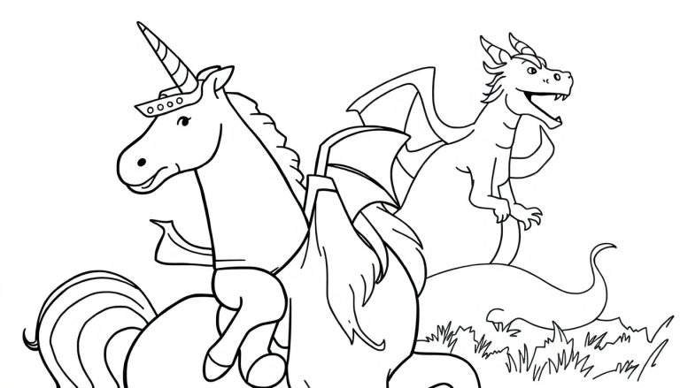 Página para colorir com um unicórnio e um dragão sentados um ao lado do outro em um fundo branco com um pouco de grama.