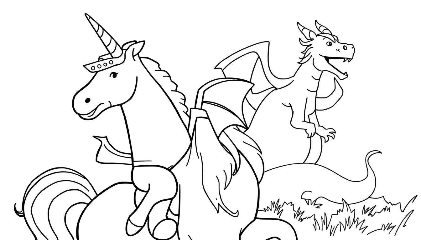 Página para colorir com um unicórnio e um dragão sentados um ao lado do outro em um fundo branco com um pouco de grama.