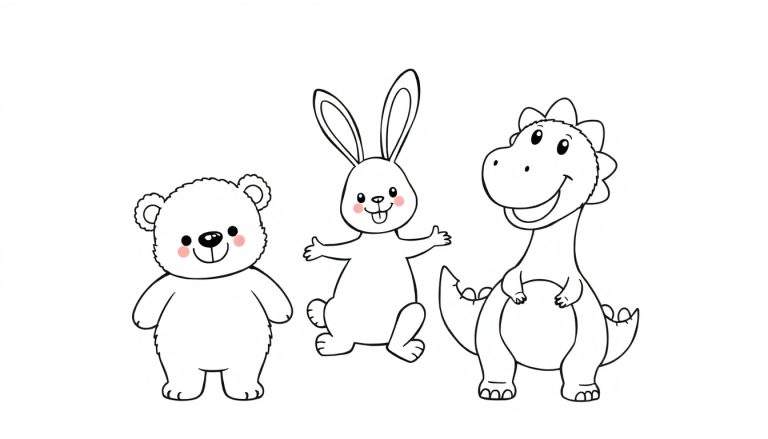 Ilustração de página para colorir com um ursinho fofo à esquerda, um coelho animado no centro e um dinossauro sorridente à direita, todos em estilo de arte de linha com fundo branco.