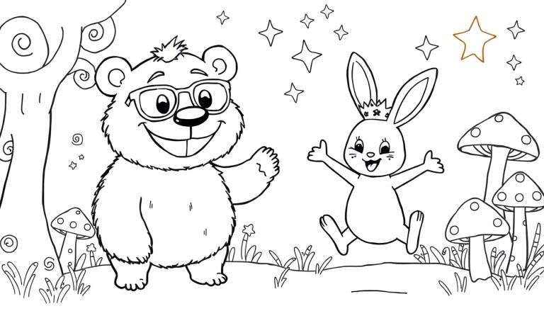 Página para colorir com um urso de óculos acenando e um coelho com coroa pulando em uma floresta cheia de cogumelos, estrelas e grama.
